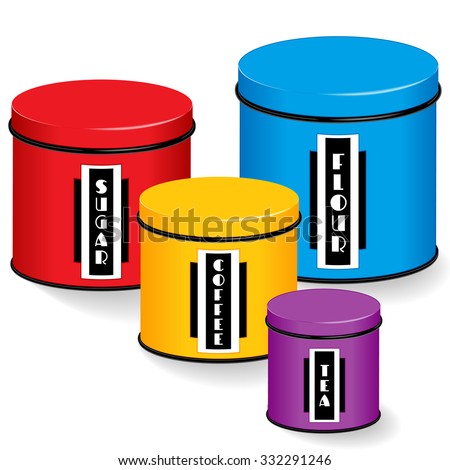 Kitchen Canisters Set. 4 multi color food storage containers with lids, small, medium,  large sizes, black and white art deco labels: flour, sugar, coffee, tea.  Isolated on white. EPS8 compatible.