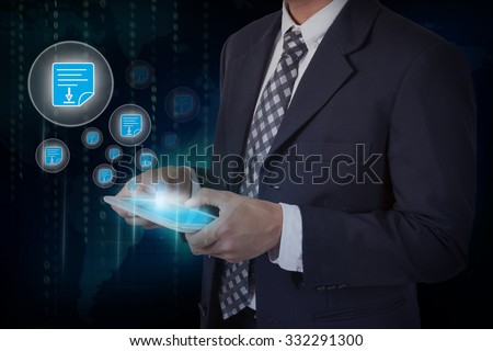 Businessman hand touch screen pdf icons on a tablet. internet and technology concept.