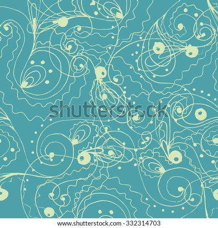 turquoise seamless abstract pattern with paisley, waves, stripes, dots