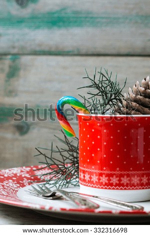 various Christmas decorations on old wooden table