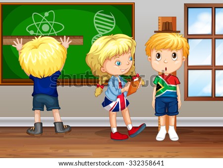 Children writing on board in classroom illustration