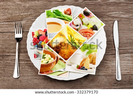 pictures of food in a dish, fork and knife