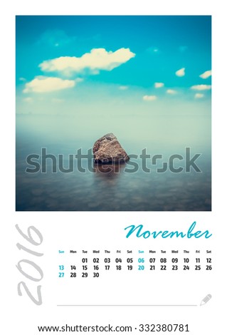 Photo calendar with minimalist landscape 2016. November.