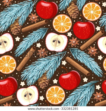 Apple, orange, cinnamon and star anise seamless background