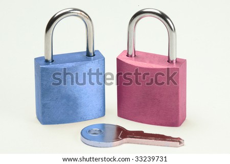 pink and blue padlock with key