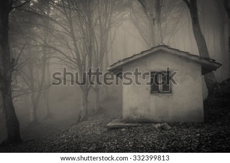 Photo of haunted house in the misty atmosphere of monte cucco forest.