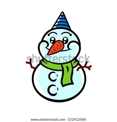 Snowman with striped hat and scarf isolated on white background. Vector illustration.