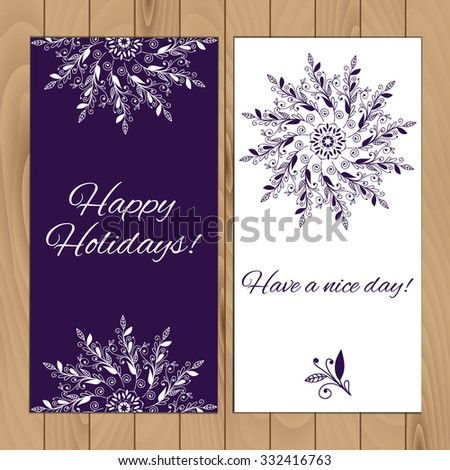 Happy holidays card template on wood texture. Vector illustration with decorative ornament