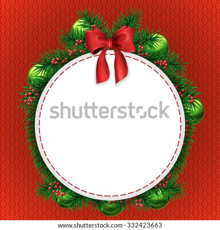 Christmas greeting card with evergreen tree decorations with red bow and circle white copyspace on red textured background