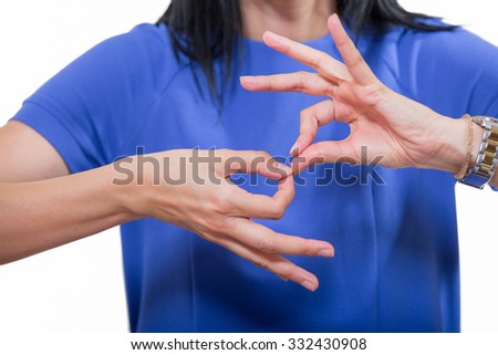 Deaf woman using sign language, close up, isolated on white