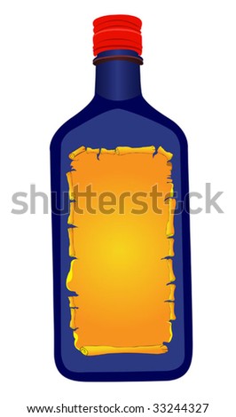 blue bottle with yellow label isolated on white background.
