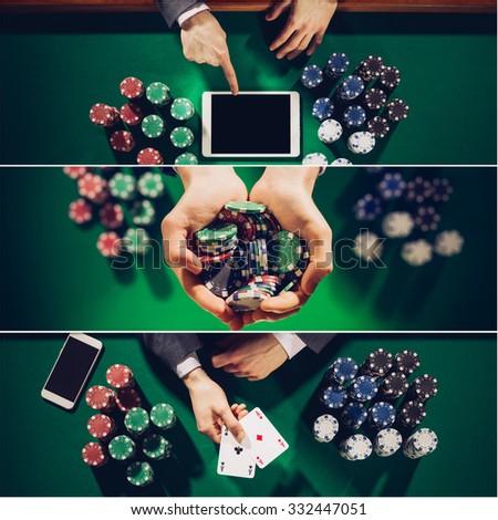 Poker and Casino collage of pictures, top view. Gambling concept