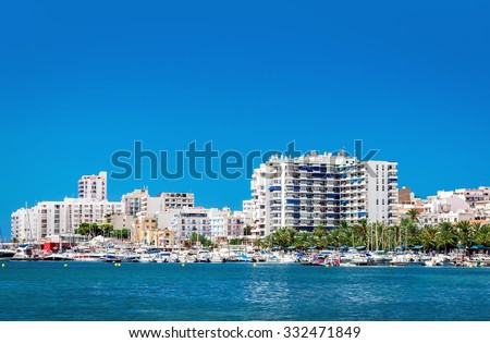 Waterside view to San Antonio de Portmany harbor. San Antonio (also Sant Antoni) is the second largest town in Ibiza. Balearic Islands. Spain 