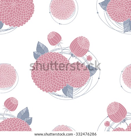 Floral Seamless Pattern. Round Hand Drawn Pink Asters on White Background.
