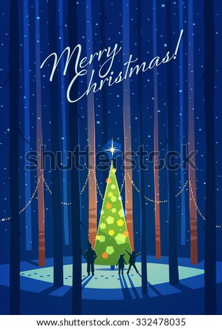 Christmas tree in the forest. Greeting card \ background \ poster. Vector illustration.