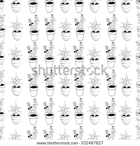 Seamless pattern flowers in pots. Hand draw vector.