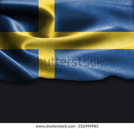 Sweden flag on smooth silk texture Dark Background Space for Text