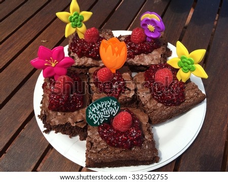 Happy Birthday raspberry brownies, a garden of chocolate treats!