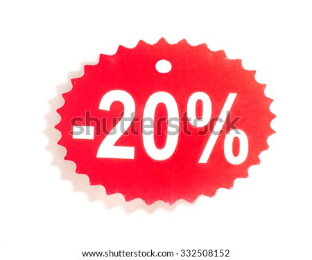 photo or image of red price tag with shadow, isolated on white background - 20%
