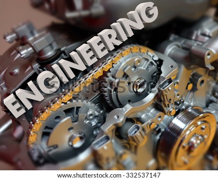 Engineering word in 3d white letters on a car, automobile or vehicle engine or motor to illustrate technology, power and precision Royalty-Free Stock Photo #332537147