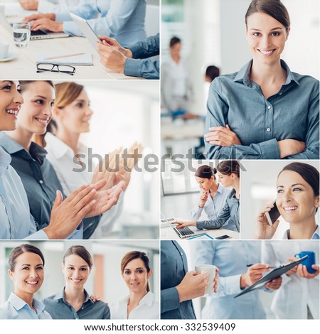 Business collage of pictures,Business women working, portraits and hands close up, Business team concept