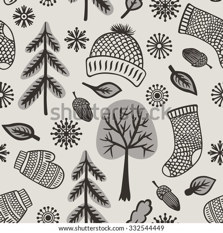 Winter seamless pattern with knitted clothes, snowflakes, trees and acorns. Vector illustration.
