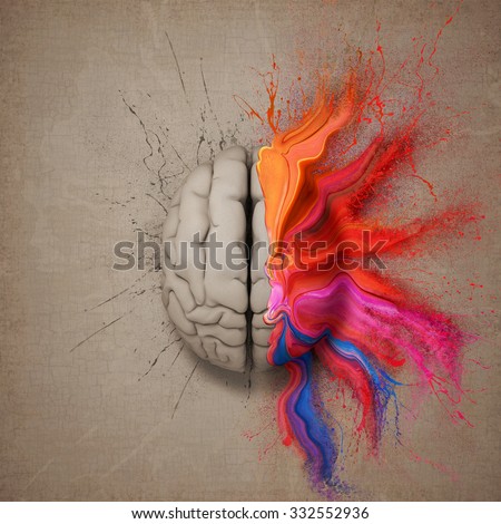 Creative mind or brain illustrated with colourful paint splatter and dispersion. Conceptual computer artwork.