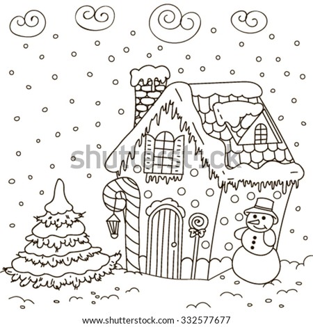 Line Art Illustration of a Gingerbread House (Coloring Page)