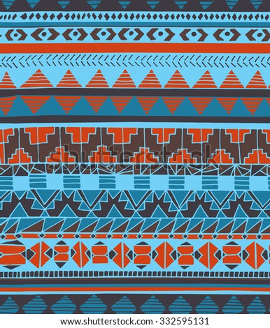 Hand drawn ethnic geometric seamless pattern. Aztec style pattern with triangle, arrow and line in blue, cyan and red colors