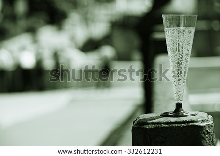 Transparent glass of sparkling champagne on background bridge. Bubbles in liquid Fougeres. Toning. Retro picture.