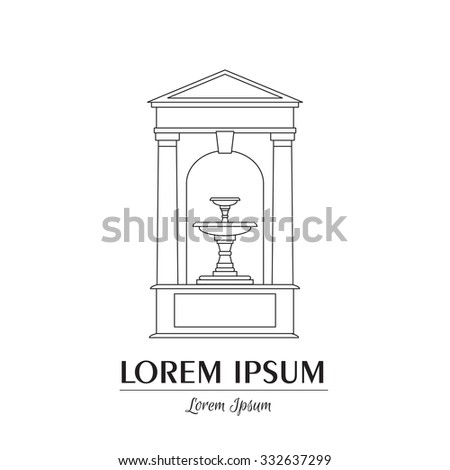 Line vector illustration of classical fountain  isolated on white background with place for your text. Vector template for business card and banner.