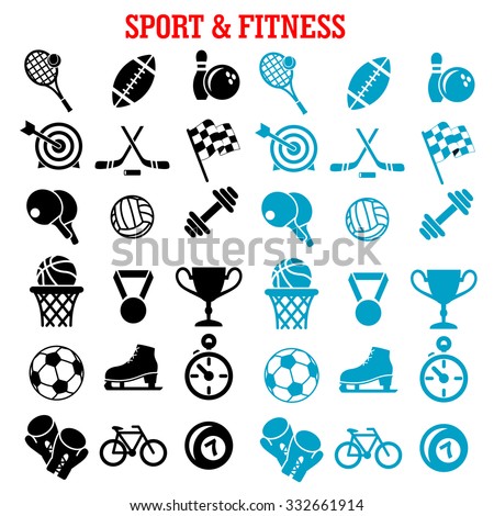 Sport and fitness icons set with silhouettes of sport balls and items, trophy cup, bicycle, racing flag, ice skate, boxing glove, stopwatch, dumbbell and medal