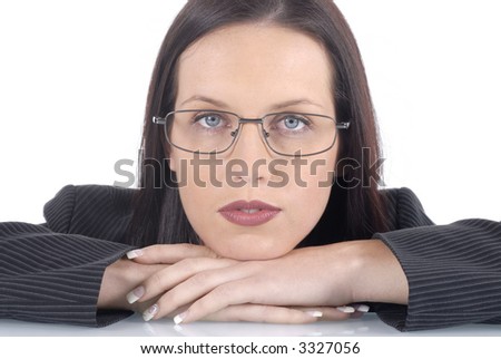 Serious female lawyer wearing suit and glasses, white background