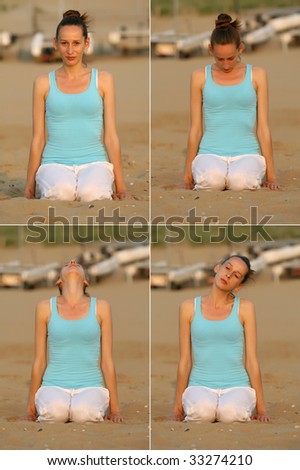 woman doing neck exercises at the beach by sunset, four pictures in one