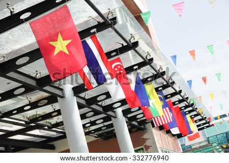 Flags of Southeast Asia countries, AEC, ASEAN Economic Community. That includes Vietnam, Thailand, Singapore, Malaysia, Philippines, Indonesia, Cambodia, Laos, Myanmar, and Brunei) Royalty-Free Stock Photo #332776940