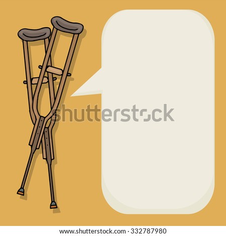 hand drawn cartoon wooden crutches with speech bubble, vector illustration