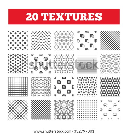 Seamless patterns. Endless textures. Social media icons. Chat speech bubble and world globe symbols. Hipster photo camera sign. Photo frames. Geometric tiles, rhombus. Vector
