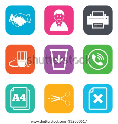 Office, documents and business icons. Printer, handshake and phone signs. Boss, recycle bin and eraser symbols. Flat square buttons. Vector
