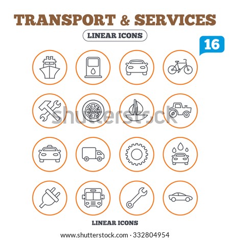 Transport and services icons. Ship, car and public bus, taxi. Repair hammer and wrench key, wheel and cogwheel. Sailboat and bicycle. Circle buttons on white. Vector