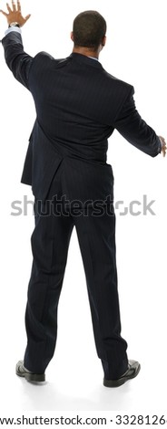 African man with short black hair in business formal outfit with arms open - Isolated