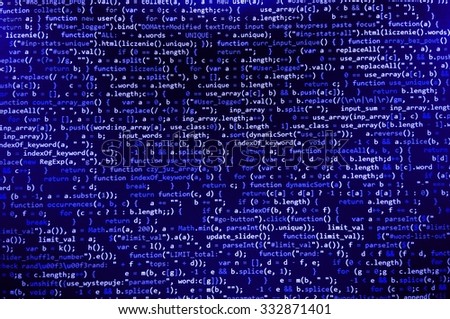 Software developer programming code. Abstract modern virtual computer script. Work of software developer programmer on desktop screen closeup. Online Internet cyberspace reality concept background