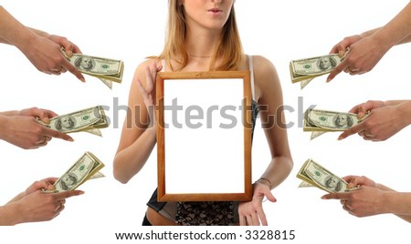 Young woman making a prosperous demonstration  of your product  or logo