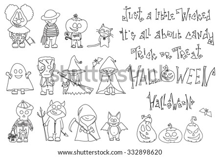 Happy Halloween.Vector Set of cute cartoon children in colorful halloween costumes