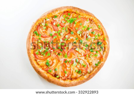 Top view Close up Hot chicken pizza with vegetables on the wooden board isolated