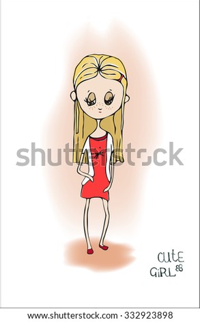 Cute sad  little girl in red  dress. Illustration. Isolated on white and pink background