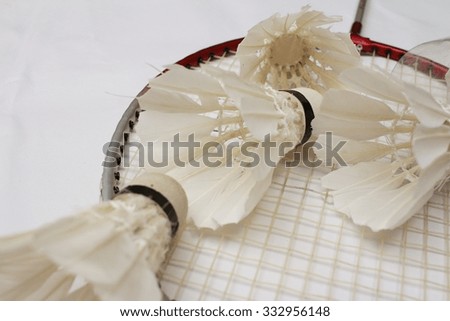 Shuttlecock and badminton racket on white background.