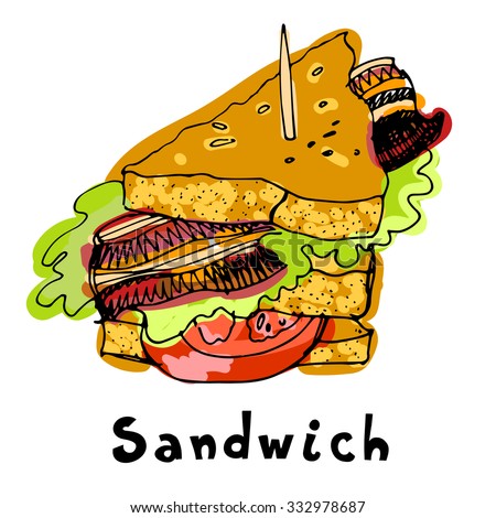 Painted sandwich with bread, tomato, ham, bacon, lettuce. Lunch time. Hand drawn sandwich.