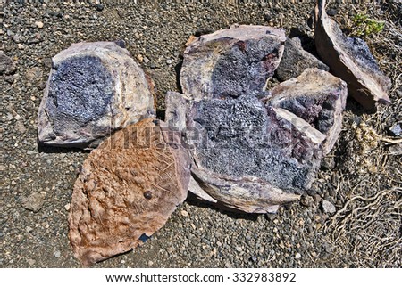 Lava rocks from Teide volcano slope close up picture