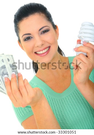 save energy concept. young woman holding bulb and money
