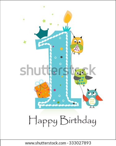 Happy first birthday with owls baby boy greeting card vector